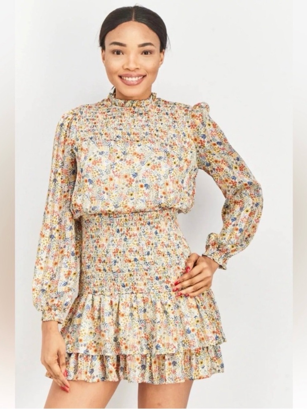 Aqua Cream Floral Long-Sleeve Smocked Mini Dress Bloomingdale Exclusive Sz M